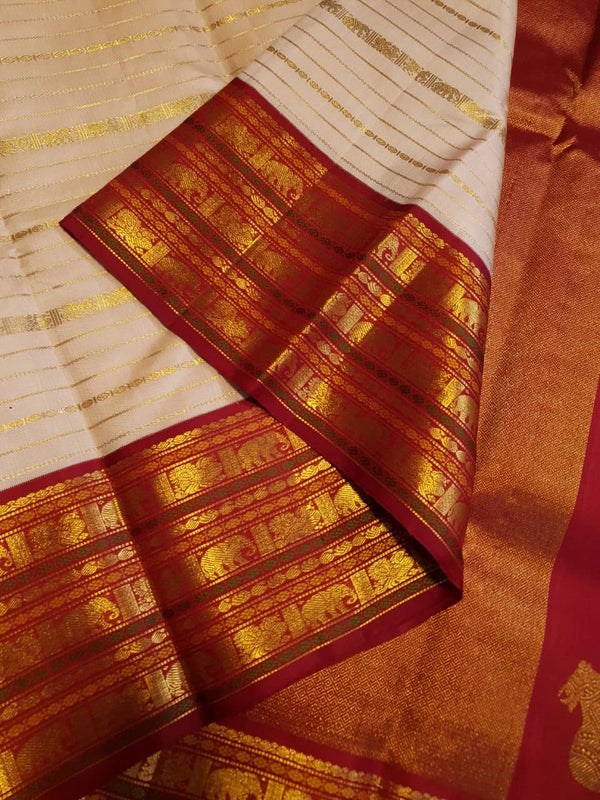 2G Pure Korvai Kanjivaram Silk Saree in Peach Cream with Maroon Contrast Elephant Zari Border | Silkmark Certified