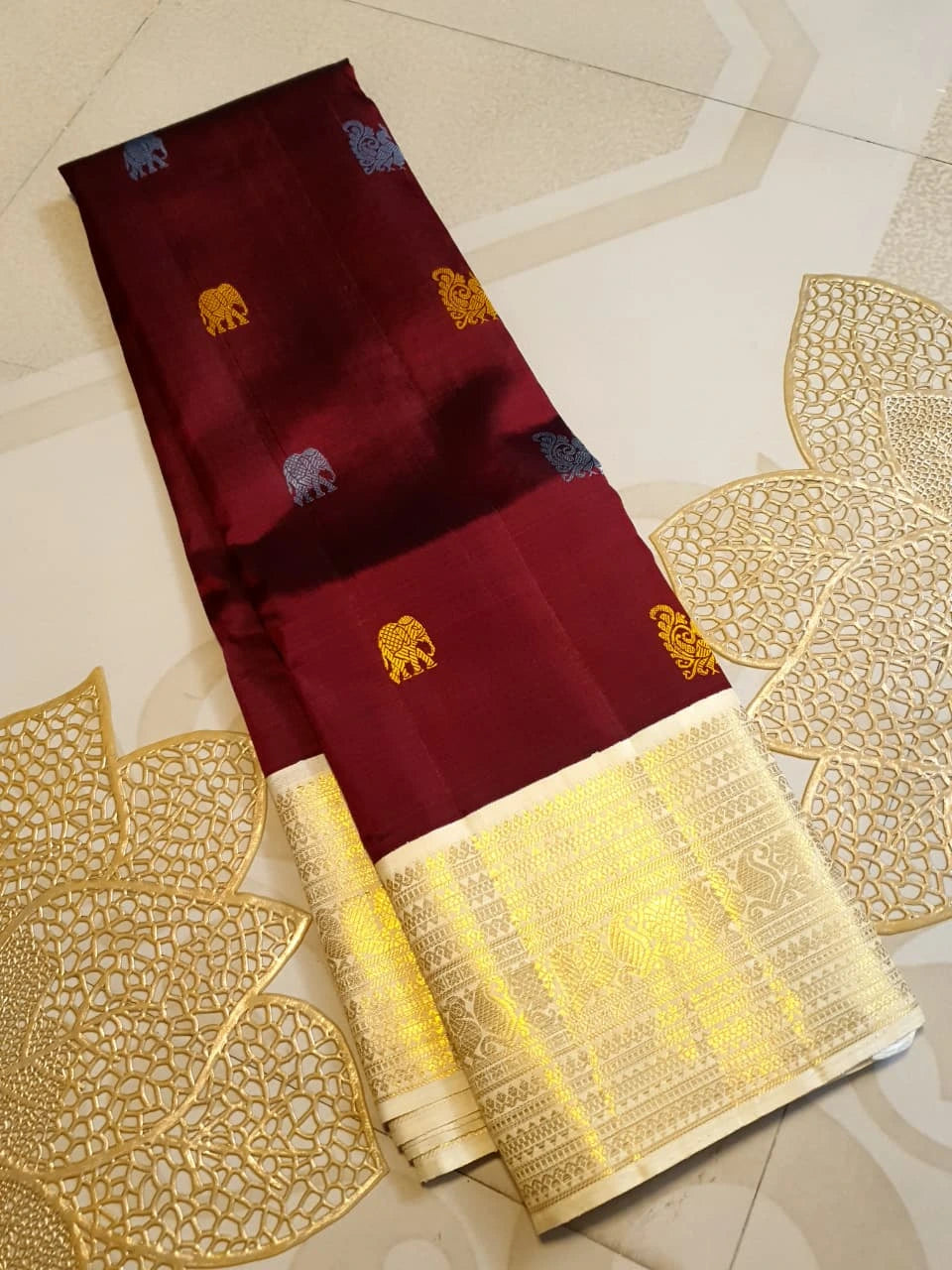 2G Pure Korvai  Kanjivaram Silk Saree in Rich Burgundy with Multicolour Zari Buttas and Traditional Gold Zari Border | Silkmark Certified