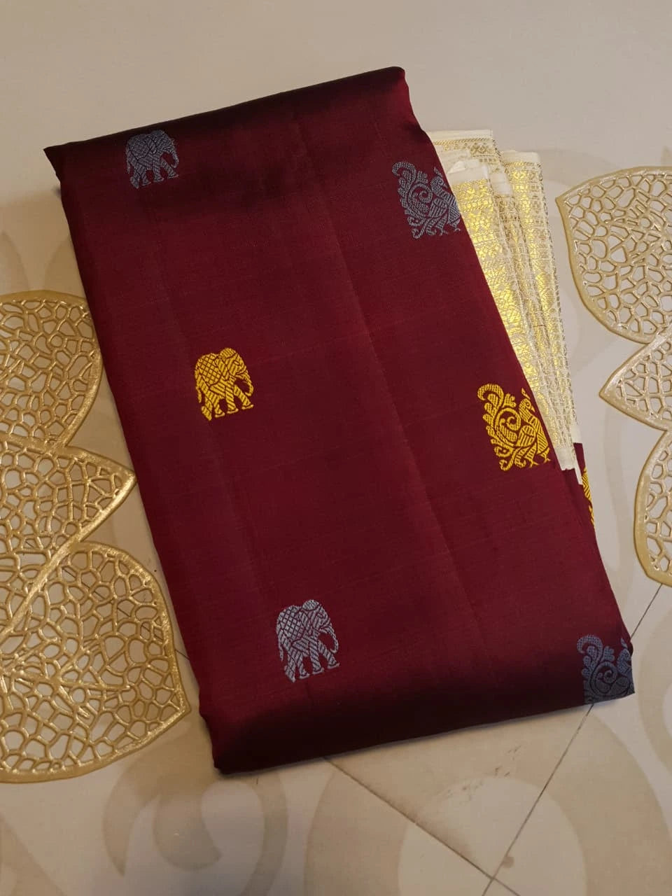2G Pure Korvai  Kanjivaram Silk Saree in Rich Burgundy with Multicolour Zari Buttas and Traditional Gold Zari Border | Silkmark Certified