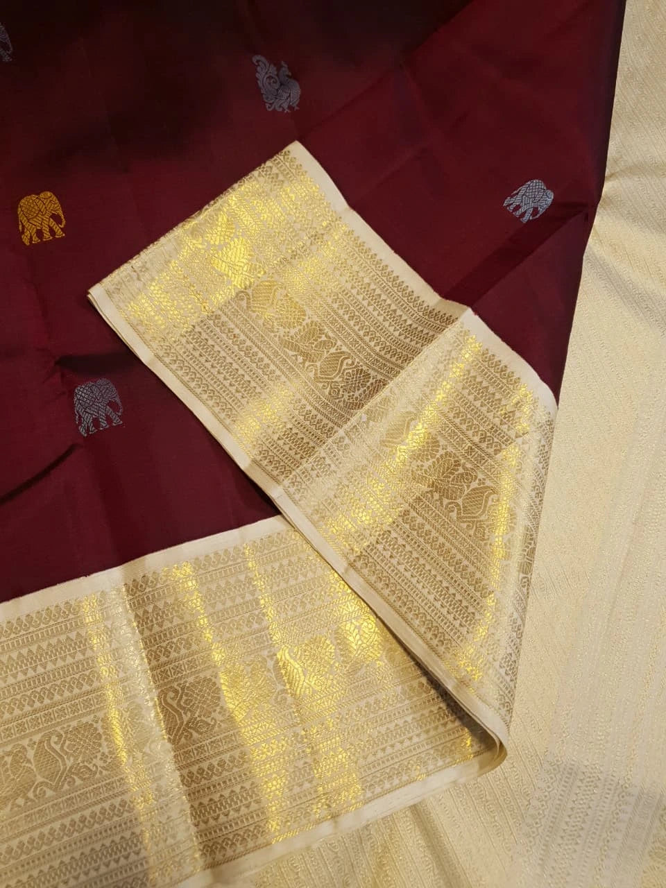 2G Pure Korvai  Kanjivaram Silk Saree in Rich Burgundy with Multicolour Zari Buttas and Traditional Gold Zari Border | Silkmark Certified
