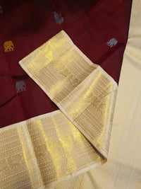 2G Pure Korvai  Kanjivaram Silk Saree in Rich Burgundy with Multicolour Zari Buttas and Traditional Gold Zari Border | Silkmark Certified