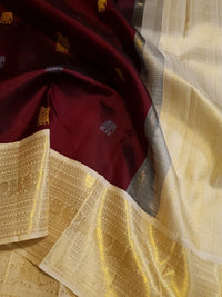 2G Pure Korvai  Kanjivaram Silk Saree in Rich Burgundy with Multicolour Zari Buttas and Traditional Gold Zari Border | Silkmark Certified