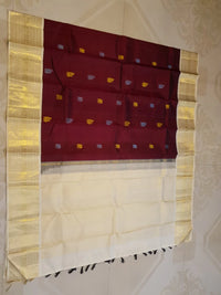 2G Pure Korvai  Kanjivaram Silk Saree in Rich Burgundy with Multicolour Zari Buttas and Traditional Gold Zari Border | Silkmark Certified
