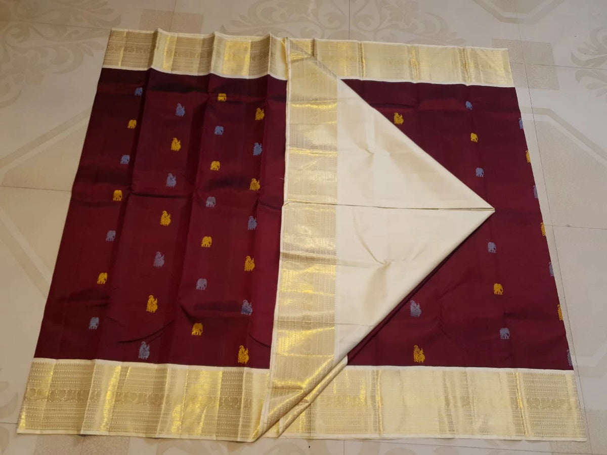 2G Pure Korvai  Kanjivaram Silk Saree in Rich Burgundy with Multicolour Zari Buttas and Traditional Gold Zari Border | Silkmark Certified