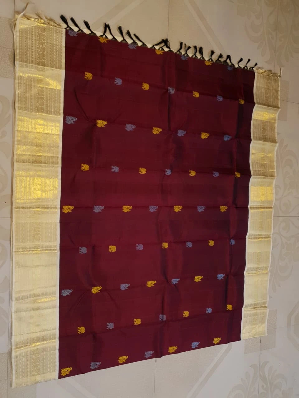 2G Pure Korvai  Kanjivaram Silk Saree in Rich Burgundy with Multicolour Zari Buttas and Traditional Gold Zari Border | Silkmark Certified