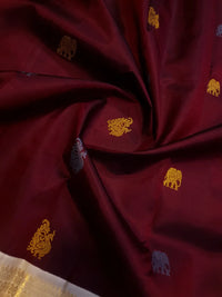 2G Pure Korvai  Kanjivaram Silk Saree in Rich Burgundy with Multicolour Zari Buttas and Traditional Gold Zari Border | Silkmark Certified