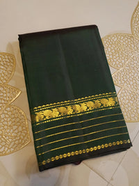 2G Pure Zari Kanjivaram Silk Saree in Deep Bottle Green with Traditional Gold Zari Peacock Border | Silkmark Certified