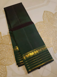 2G Pure Zari Kanjivaram Silk Saree in Deep Bottle Green with Traditional Gold Zari Peacock Border | Silkmark Certified