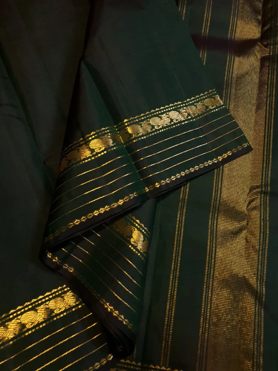 2G Pure Zari Kanjivaram Silk Saree in Deep Bottle Green with Traditional Gold Zari Peacock Border | Silkmark Certified