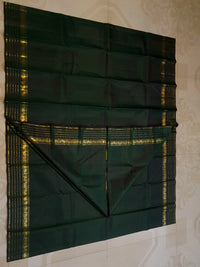 2G Pure Zari Kanjivaram Silk Saree in Deep Bottle Green with Traditional Gold Zari Peacock Border | Silkmark Certified
