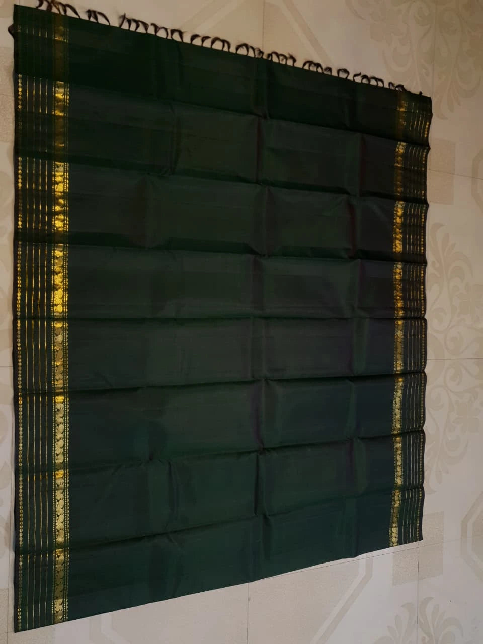 2G Pure Zari Kanjivaram Silk Saree in Deep Bottle Green with Traditional Gold Zari Peacock Border | Silkmark Certified
