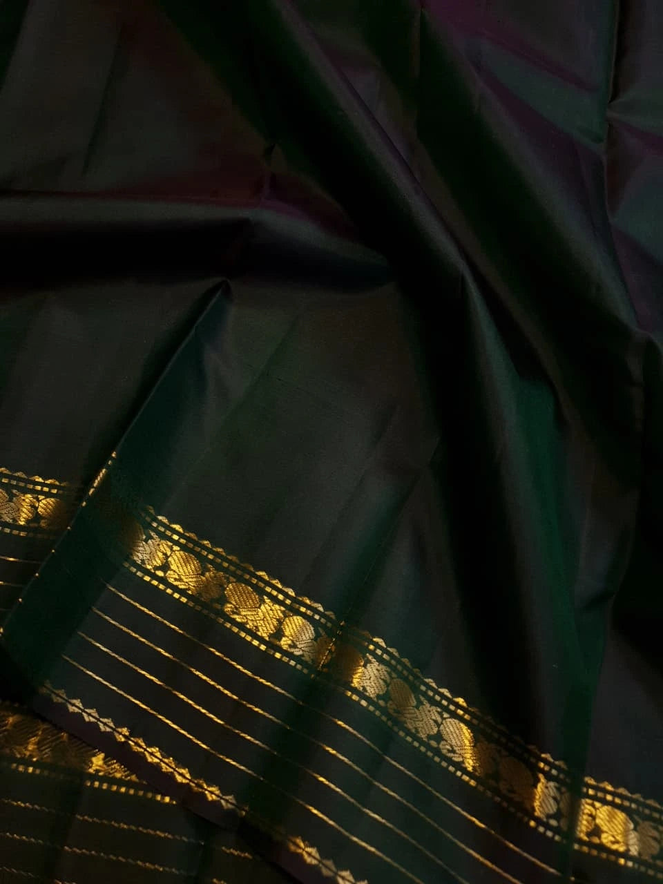 2G Pure Zari Kanjivaram Silk Saree in Deep Bottle Green with Traditional Gold Zari Peacock Border | Silkmark Certified