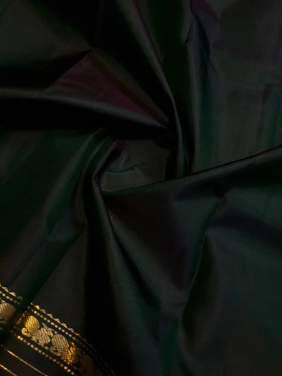 2G Pure Zari Kanjivaram Silk Saree in Deep Bottle Green with Traditional Gold Zari Peacock Border | Silkmark Certified