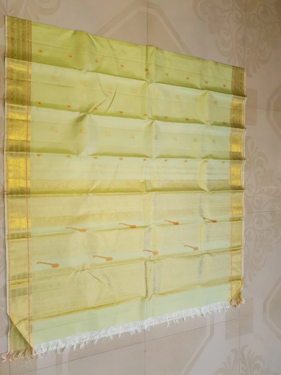 2G  Pure Kanjivaram Silk Saree in Pastel Green with Traditional Gold Zari Peacock Buttas and Rich Zari Border | Silkmark Certified