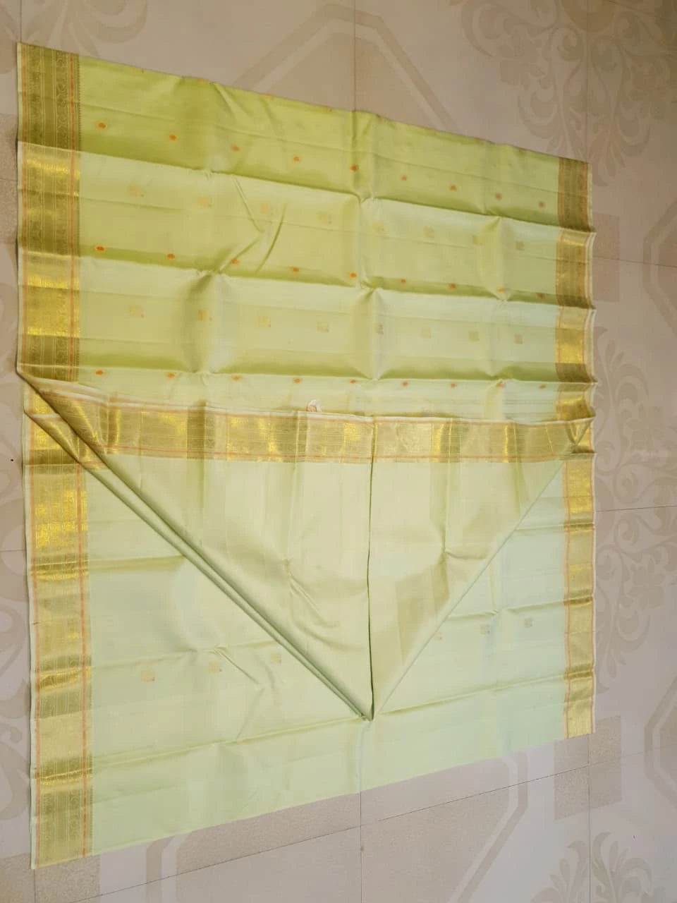 2G  Pure Kanjivaram Silk Saree in Pastel Green with Traditional Gold Zari Peacock Buttas and Rich Zari Border | Silkmark Certified