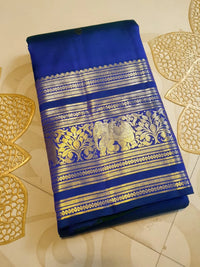 2G Pure Kanjivaram Silk Saree in Royal Blue with Gold Zari Elephant Border and Floral Pallu | Silkmark Certified