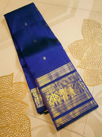 2G Pure Kanjivaram Silk Saree in Royal Blue with Gold Zari Elephant Border and Floral Pallu | Silkmark Certified