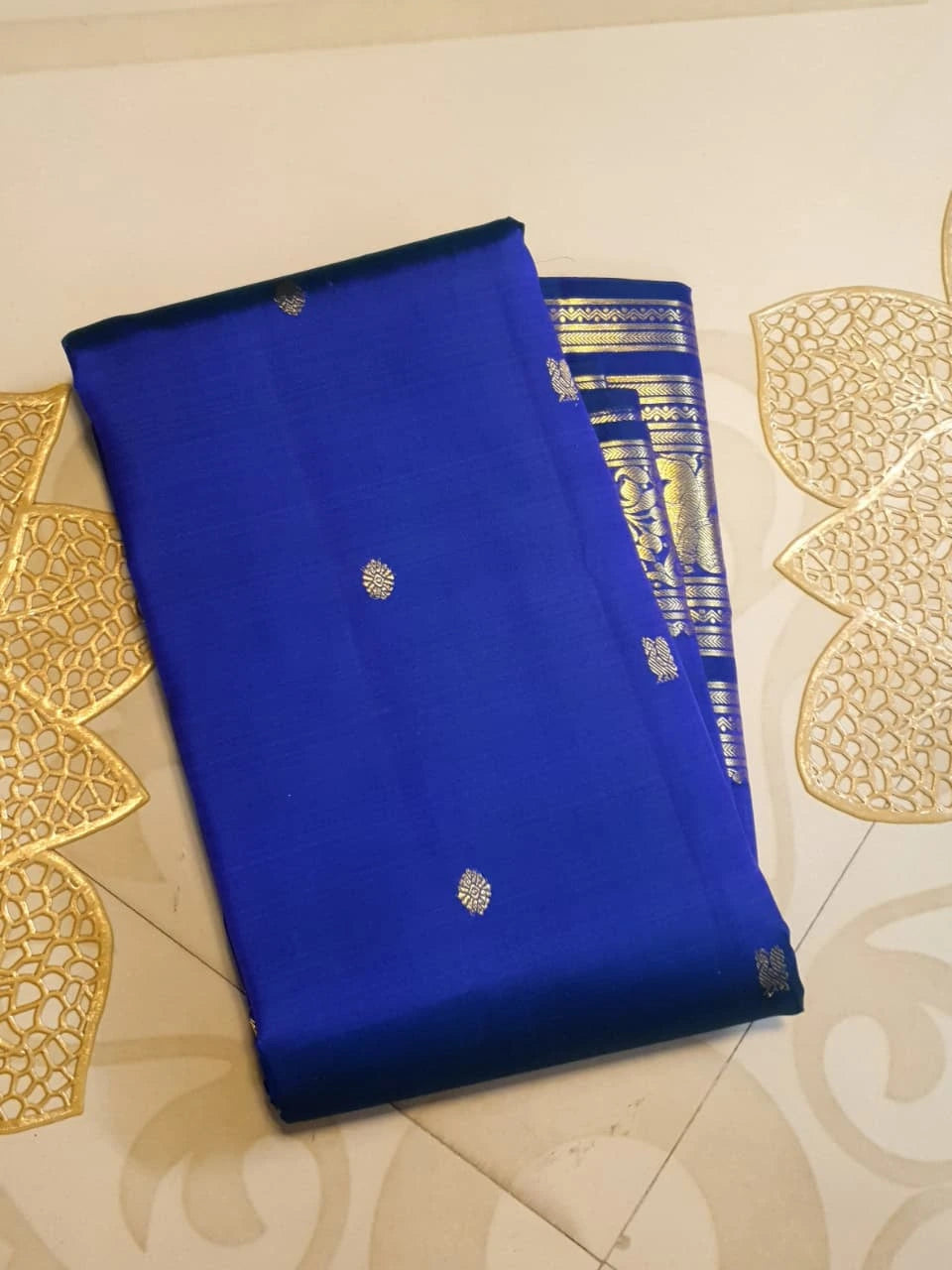 2G Pure Kanjivaram Silk Saree in Royal Blue with Gold Zari Elephant Border and Floral Pallu | Silkmark Certified