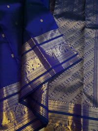 2G Pure Kanjivaram Silk Saree in Royal Blue with Gold Zari Elephant Border and Floral Pallu | Silkmark Certified