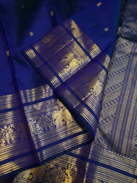 2G Pure Kanjivaram Silk Saree in Royal Blue with Gold Zari Elephant Border and Floral Pallu | Silkmark Certified
