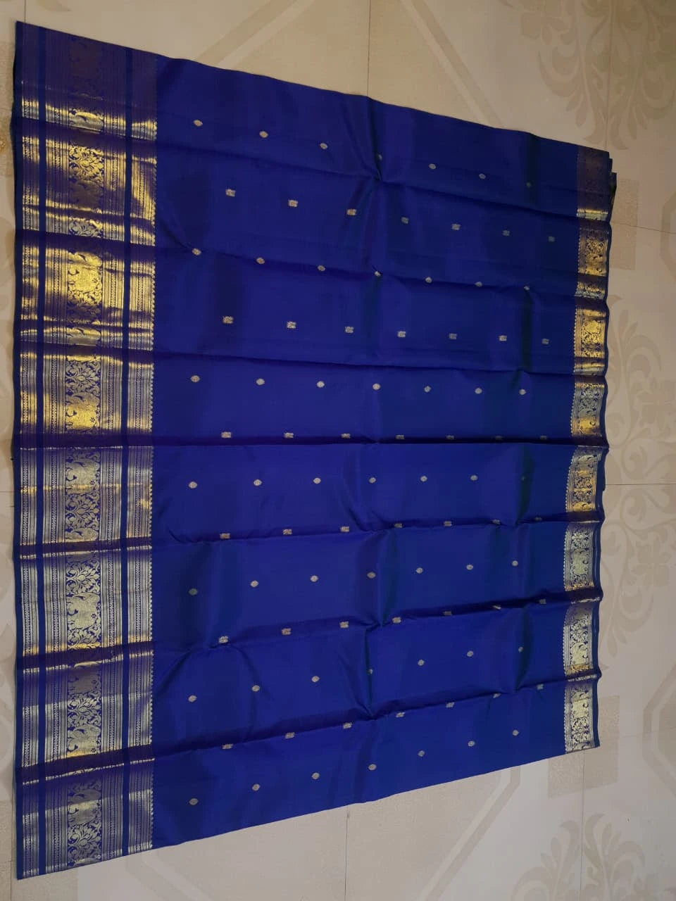 2G Pure Kanjivaram Silk Saree in Royal Blue with Gold Zari Elephant Border and Floral Pallu | Silkmark Certified