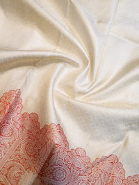 2G Pure Kanjivaram Silk Saree in Ivory White with Peach Floral Paisley Zari Border | Silkmark Certified