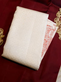2G Pure Kanjivaram Silk Saree in Ivory White with Peach Floral Paisley Zari Border | Silkmark Certified
