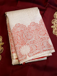 2G Pure Kanjivaram Silk Saree in Ivory White with Peach Floral Paisley Zari Border | Silkmark Certified