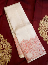 2G Pure Kanjivaram Silk Saree in Ivory White with Peach Floral Paisley Zari Border | Silkmark Certified