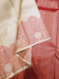 2G Pure Kanjivaram Silk Saree in Ivory White with Peach Floral Paisley Zari Border | Silkmark Certified