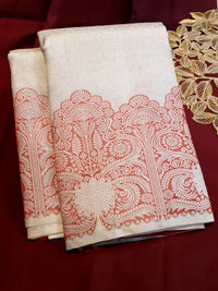 2G Pure Kanjivaram Silk Saree in Ivory White with Peach Floral Paisley Zari Border | Silkmark Certified