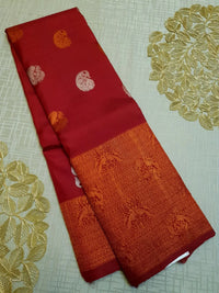 2G Pure Kanjivaram Silk Saree in Deep Red with Multicolour Peacock Buttas & Rich Copper Zari Border | Silkmark Certified