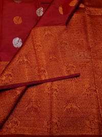 2G Pure Kanjivaram Silk Saree in Deep Red with Multicolour Peacock Buttas & Rich Copper Zari Border | Silkmark Certified