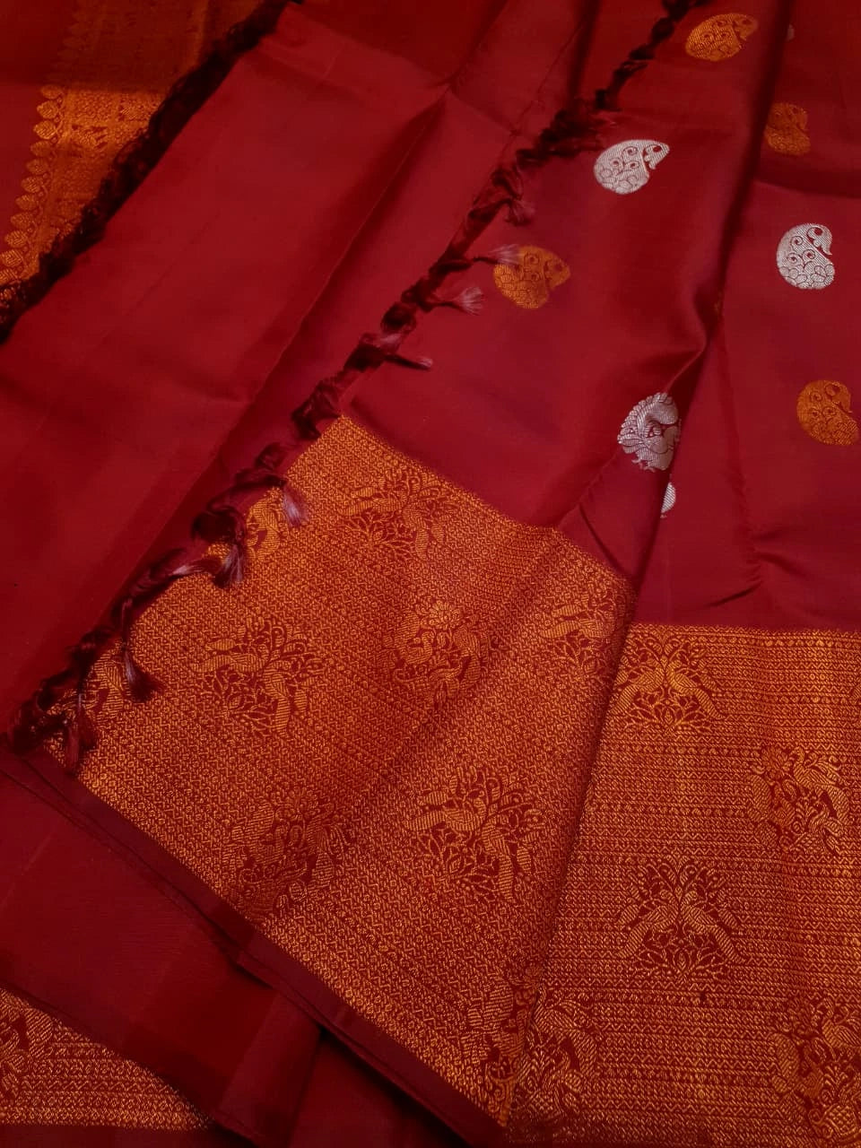 2G Pure Kanjivaram Silk Saree in Deep Red with Multicolour Peacock Buttas & Rich Copper Zari Border | Silkmark Certified