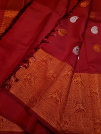 2G Pure Kanjivaram Silk Saree in Deep Red with Multicolour Peacock Buttas & Rich Copper Zari Border | Silkmark Certified