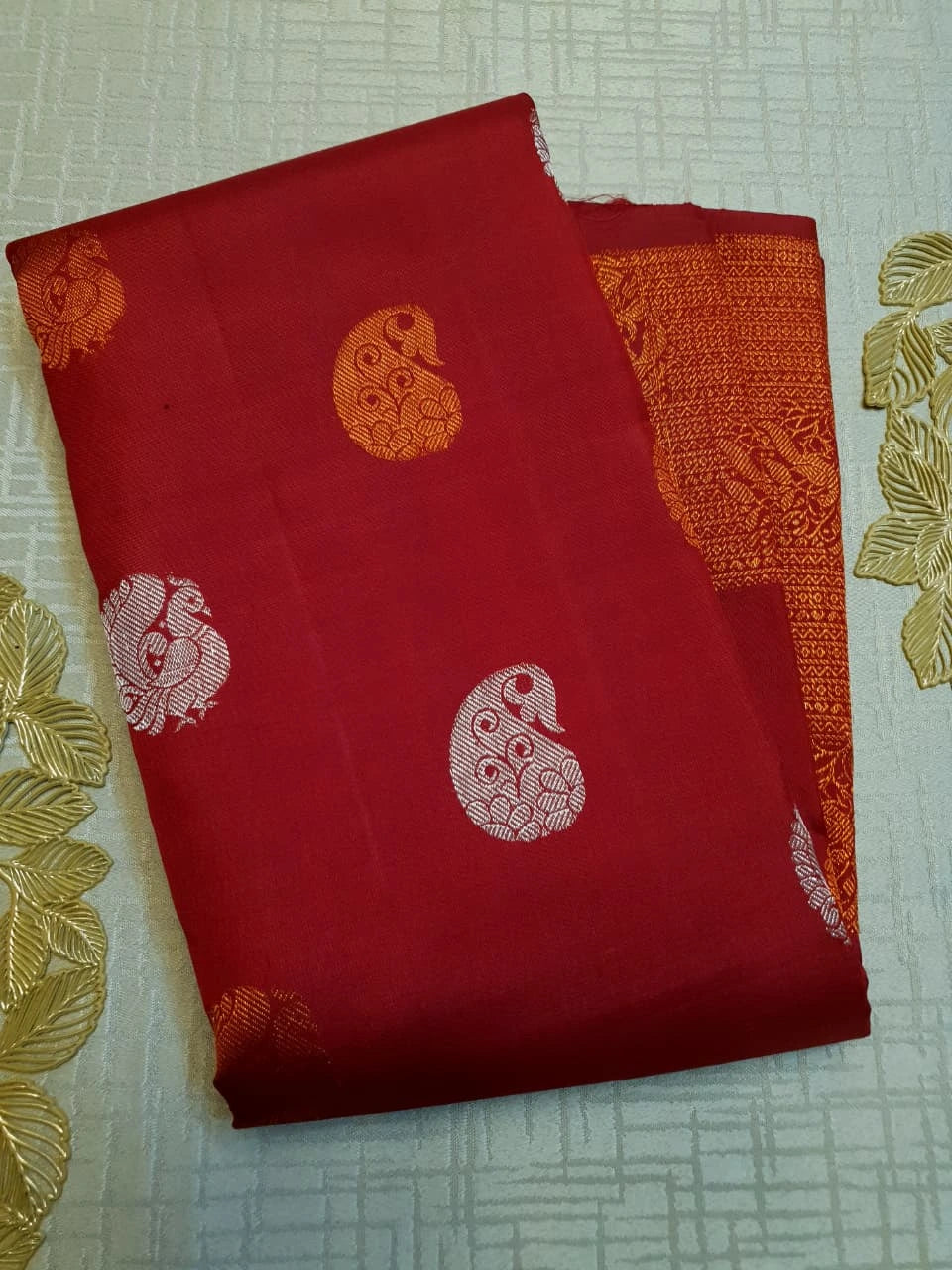 2G Pure Kanjivaram Silk Saree in Deep Red with Multicolour Peacock Buttas & Rich Copper Zari Border | Silkmark Certified