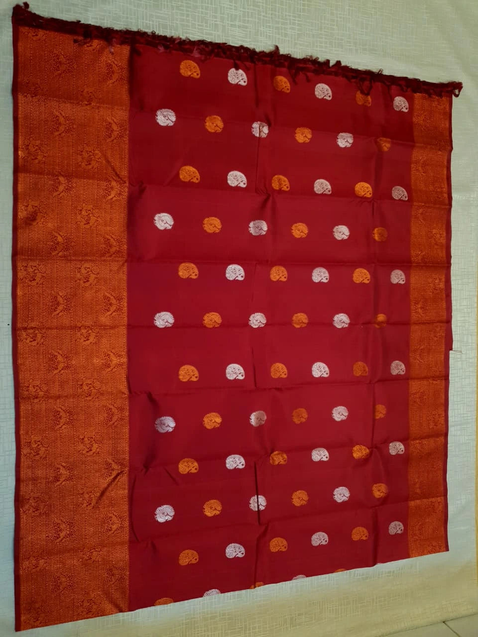 2G Pure Kanjivaram Silk Saree in Deep Red with Multicolour Peacock Buttas & Rich Copper Zari Border | Silkmark Certified