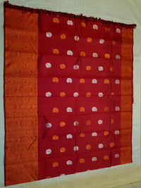 2G Pure Kanjivaram Silk Saree in Deep Red with Multicolour Peacock Buttas & Rich Copper Zari Border | Silkmark Certified