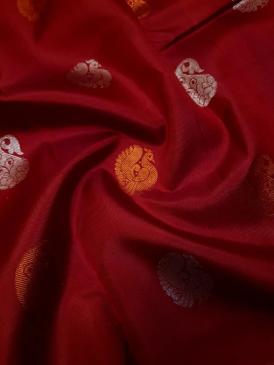 2G Pure Kanjivaram Silk Saree in Deep Red with Multicolour Peacock Buttas & Rich Copper Zari Border | Silkmark Certified