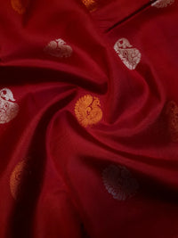2G Pure Kanjivaram Silk Saree in Deep Red with Multicolour Peacock Buttas & Rich Copper Zari Border | Silkmark Certified