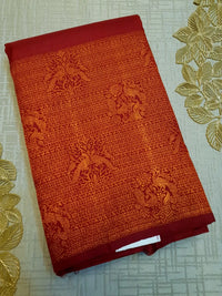 2G Pure Kanjivaram Silk Saree in Deep Red with Multicolour Peacock Buttas & Rich Copper Zari Border | Silkmark Certified