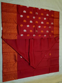 2G Pure Kanjivaram Silk Saree in Deep Red with Multicolour Peacock Buttas & Rich Copper Zari Border | Silkmark Certified