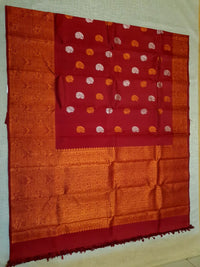 2G Pure Kanjivaram Silk Saree in Deep Red with Multicolour Peacock Buttas & Rich Copper Zari Border | Silkmark Certified