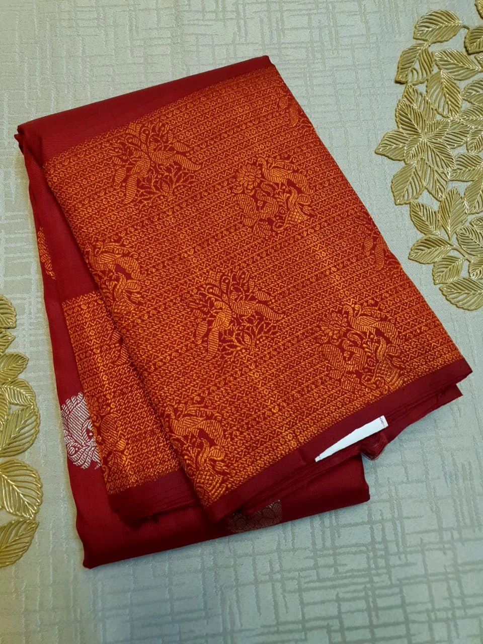 2G Pure Kanjivaram Silk Saree in Deep Red with Multicolour Peacock Buttas & Rich Copper Zari Border | Silkmark Certified