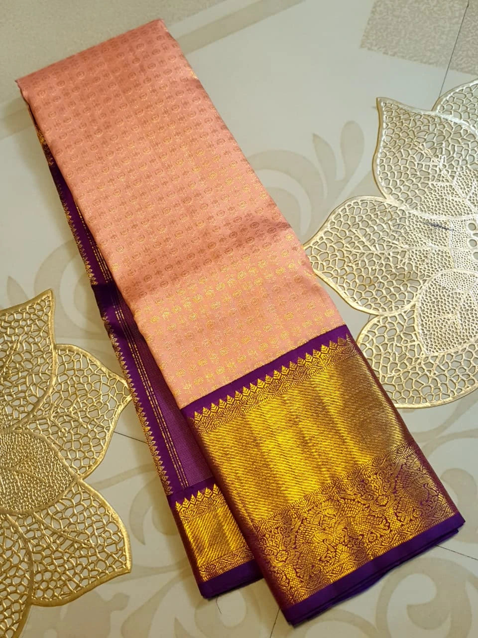 2G Pure Korvai Kanjivaram Silk Saree in Peach Pink with Purple Peacock Border and Rich Gold Zari Pallu | Silkmark Certified