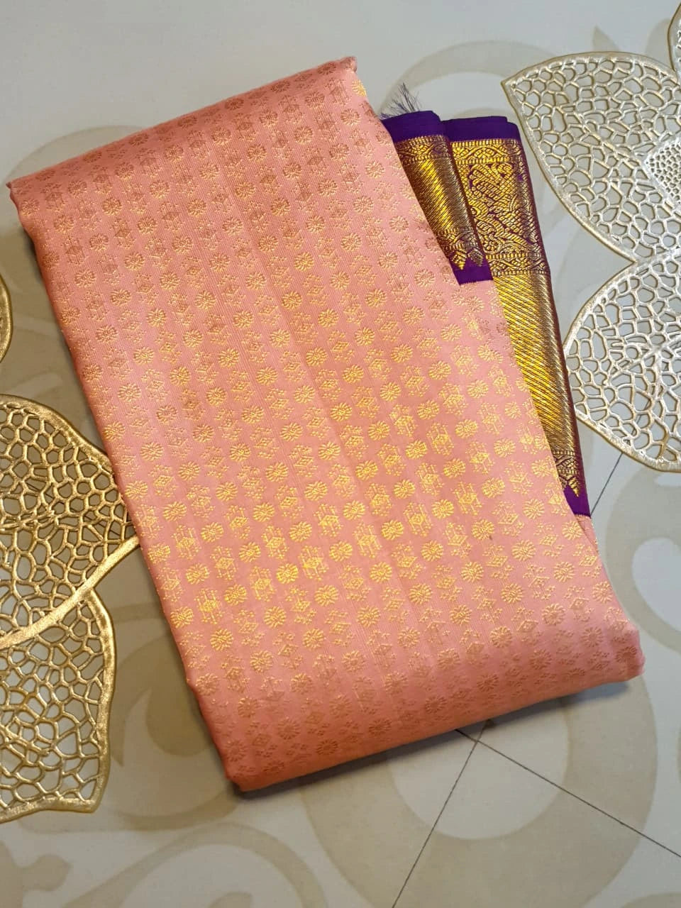 2G Pure Korvai Kanjivaram Silk Saree in Peach Pink with Purple Peacock Border and Rich Gold Zari Pallu | Silkmark Certified