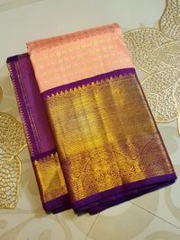 2G Pure Korvai Kanjivaram Silk Saree in Peach Pink with Purple Peacock Border and Rich Gold Zari Pallu | Silkmark Certified