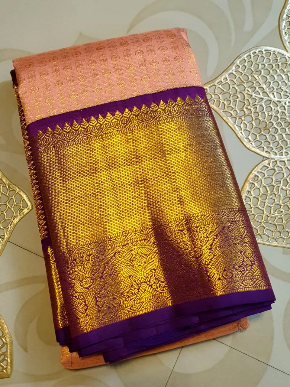 2G Pure Korvai Kanjivaram Silk Saree in Peach Pink with Purple Peacock Border and Rich Gold Zari Pallu | Silkmark Certified