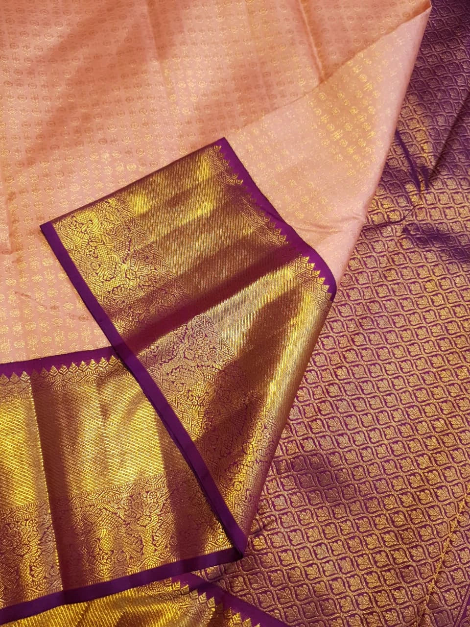 2G Pure Korvai Kanjivaram Silk Saree in Peach Pink with Purple Peacock Border and Rich Gold Zari Pallu | Silkmark Certified