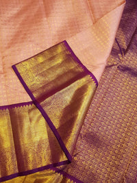 2G Pure Korvai Kanjivaram Silk Saree in Peach Pink with Purple Peacock Border and Rich Gold Zari Pallu | Silkmark Certified